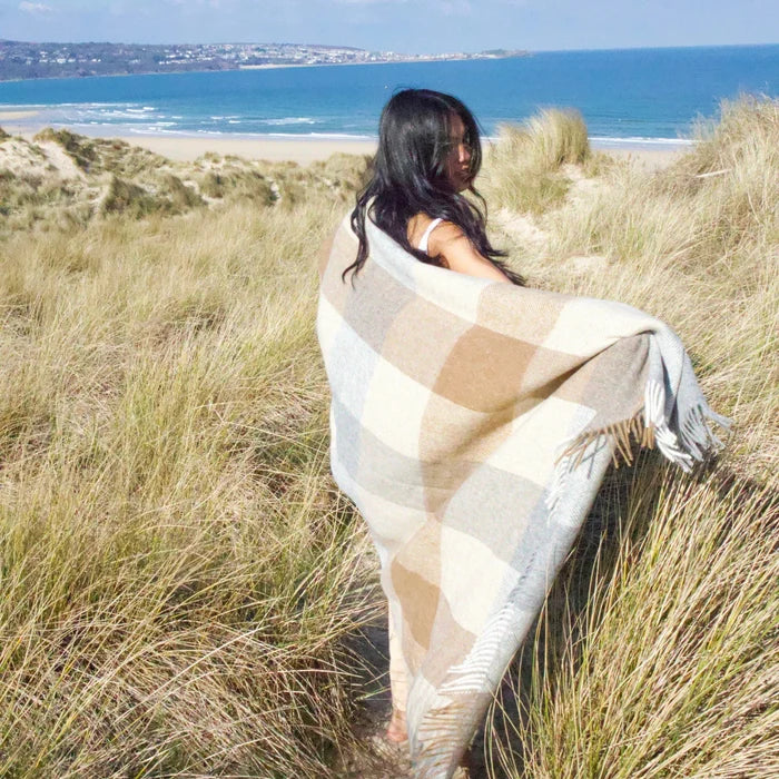 British Lambs Wool Blanket - brown and blue check pattern