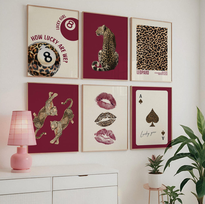 Luxury Burgundy Leopard Wall Art Set, Fashion Inspired Animal Prints, Editorial Style Gallery Wall, Chic Feminine Home Decor, Trendy Print