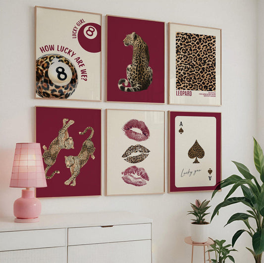 Luxury Burgundy Leopard Wall Art Set, Fashion Inspired Animal Prints, Editorial Style Gallery Wall, Chic Feminine Home Decor, Trendy Print