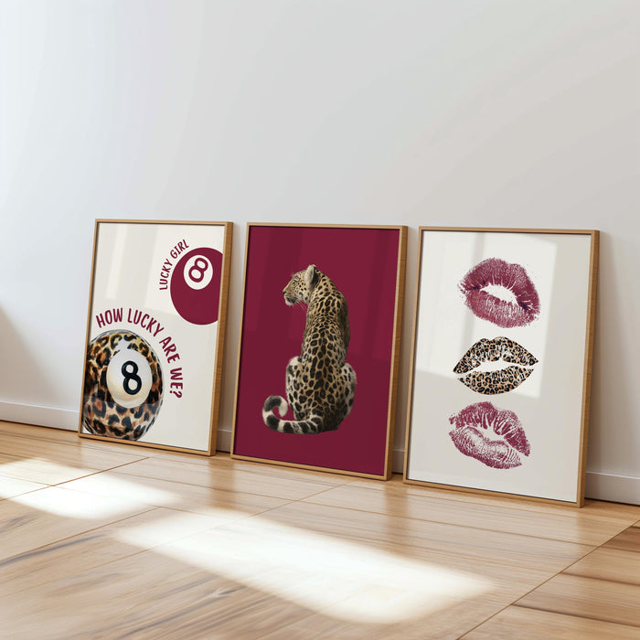 Luxury Burgundy Leopard Wall Art Set, Fashion Inspired Animal Prints, Editorial Style Gallery Wall, Chic Feminine Home Decor, Trendy Print