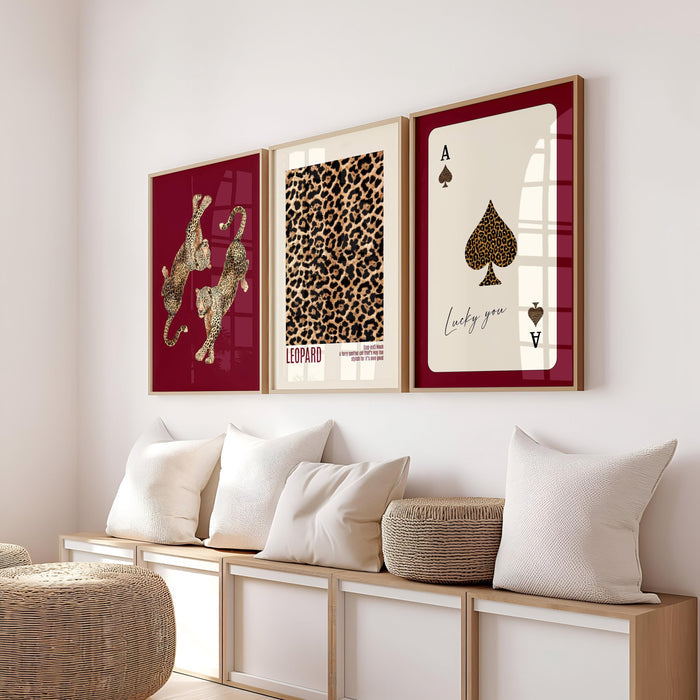 Luxury Burgundy Leopard Wall Art Set, Fashion Inspired Animal Prints, Editorial Style Gallery Wall, Chic Feminine Home Decor, Trendy Print