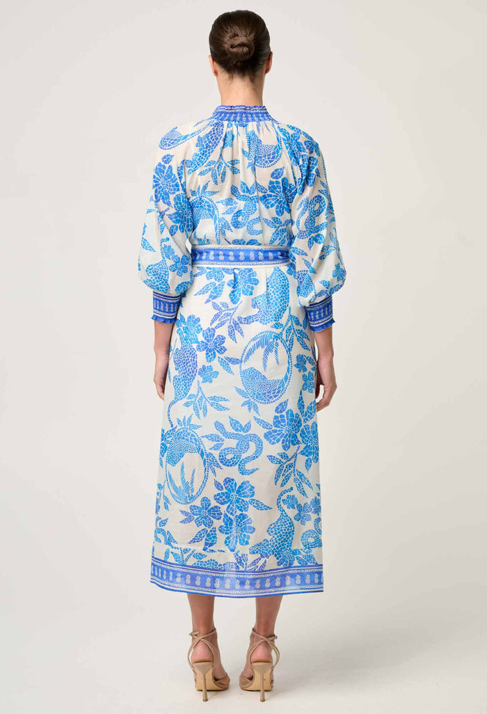 CARMEN SILK COTTON MAXI DRESS in exclusive print, Azure Mosaic from Once Was