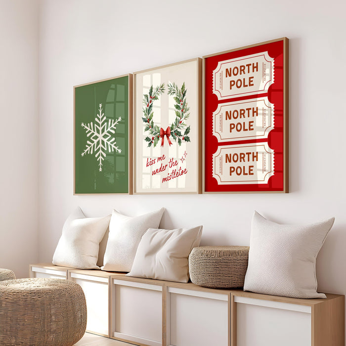 Set of 3 Christmas Prints, Christmas Wall Art, North Pole Ticket Print, Snowflakes Print, Holiday Decor, Typography Art, DIGITAL DOWNLOAD