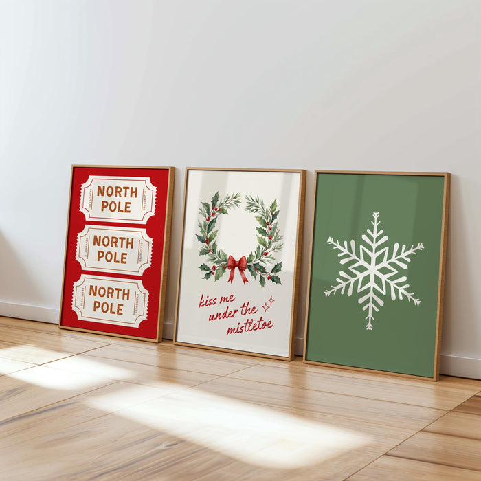 Set of 3 Christmas Prints, Christmas Wall Art, North Pole Ticket Print, Snowflakes Print, Holiday Decor, Typography Art, DIGITAL DOWNLOAD