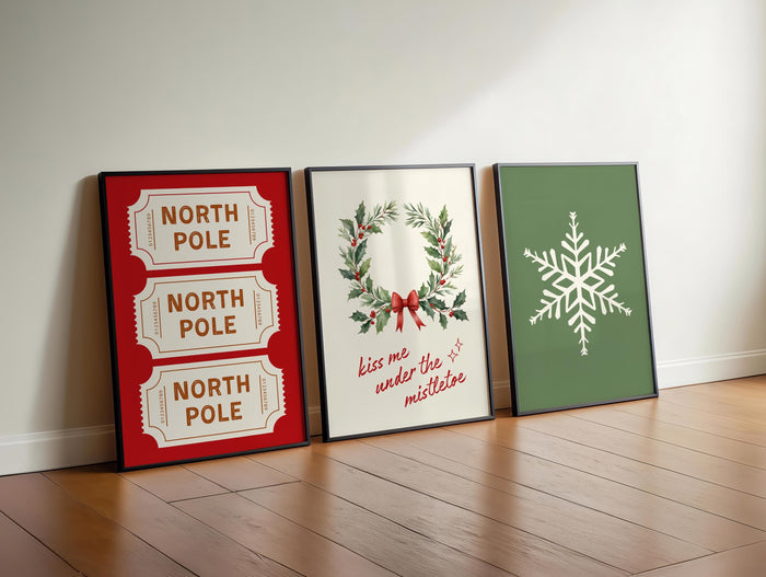 Set of 3 Christmas Prints, Christmas Wall Art, North Pole Ticket Print, Snowflakes Print, Holiday Decor, Typography Art, DIGITAL DOWNLOAD