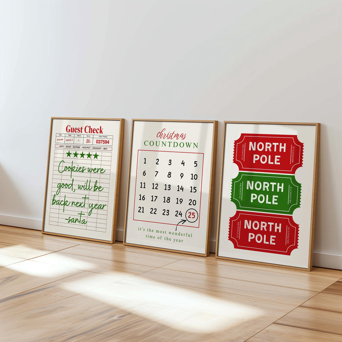 Christmas Wall Art Set of 3, Santa Cookie Note Print, Holiday Countdown Calendar Poster, North Pole Ticket Christmas Decor, DIGITAL DOWNLOAD