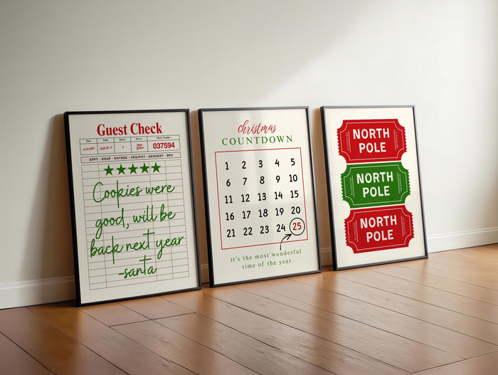 Christmas Wall Art Set of 3, Santa Cookie Note Print, Holiday Countdown Calendar Poster, North Pole Ticket Christmas Decor, DIGITAL DOWNLOAD