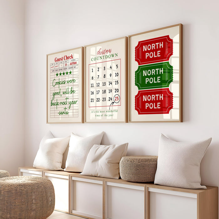 Christmas Wall Art Set of 3, Santa Cookie Note Print, Holiday Countdown Calendar Poster, North Pole Ticket Christmas Decor, DIGITAL DOWNLOAD