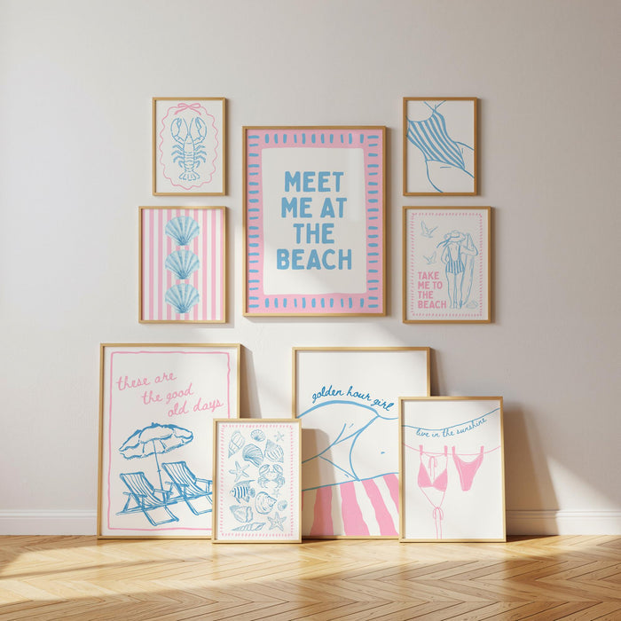 Coastal Beach Gallery Wall Set, Pink Blue Coastal Prints, Beach House Wall Art, Summer Beach Decor, Preppy Coastal Poster Set, Printable Art
