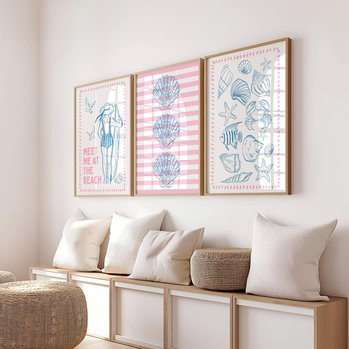 Coastal Wall Art Set of 3, Beach House Gallery Wall, Pink Blue Shell Prints, Preppy Coastal Decor, Summer Printable Art, DIGITAL DOWNLOAD