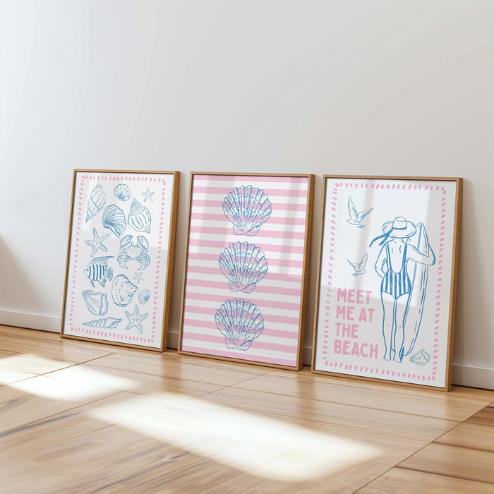 Coastal Wall Art Set of 3, Beach House Gallery Wall, Pink Blue Shell Prints, Preppy Coastal Decor, Summer Printable Art, DIGITAL DOWNLOAD