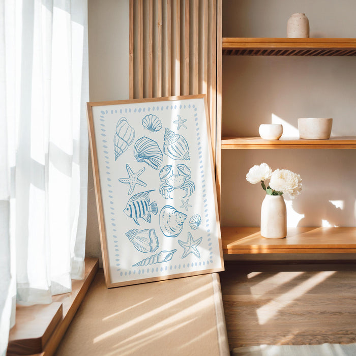 Coastal Gallery Wall Set of 3 Printable, Blue Beach House Decor, Seashell Nautical Art, Summer Ocean Bathroom Bedroom Prints