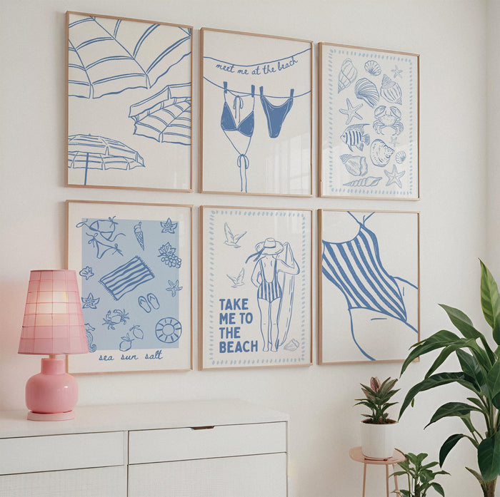 Coastal Wall Art Set of 6 Printable, Blue Beach Line Art Prints, Summer Seaside Gallery Wall, Bathroom Living Room Decor, DIGITAL DOWNLOAD