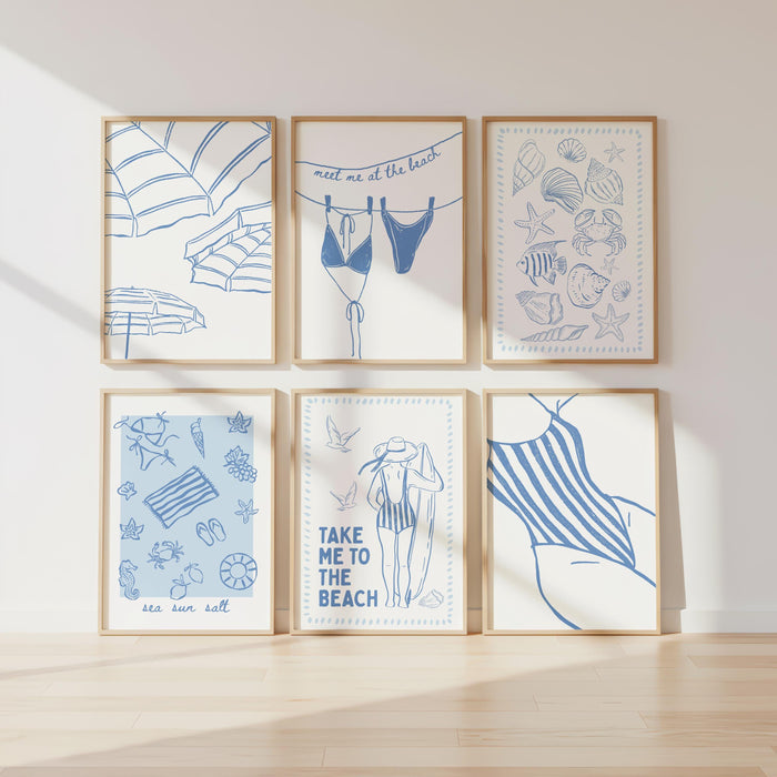 Coastal Wall Art Set of 6 Printable, Blue Beach Line Art Prints, Summer Seaside Gallery Wall, Bathroom Living Room Decor, DIGITAL DOWNLOAD