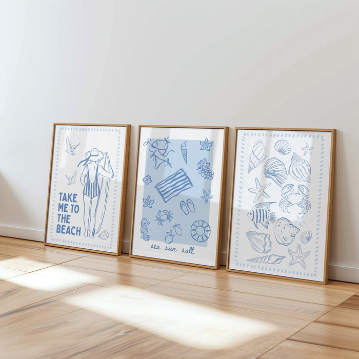 Coastal Wall Art Set of 6 Printable, Blue Beach Line Art Prints, Summer Seaside Gallery Wall, Bathroom Living Room Decor, DIGITAL DOWNLOAD