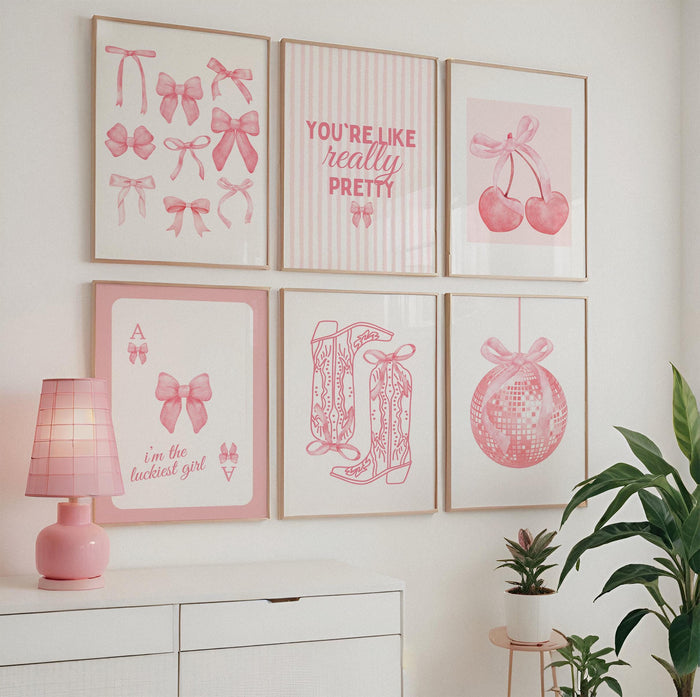 Coquette Pink Wall Art Set of 6, You’re Like Really Pretty Quote Print, Soft Girl Aesthetic Bedroom Gallery Wall Decor, Girly Fashion Art