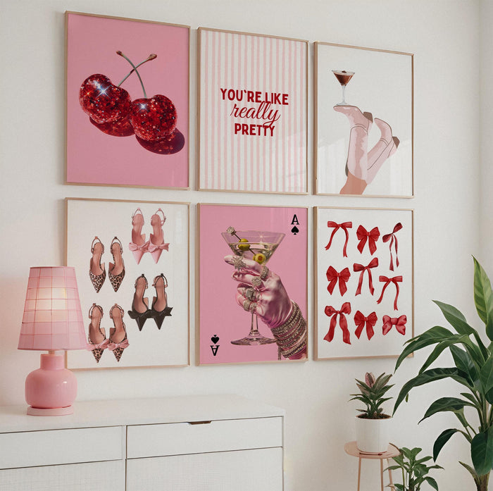 Coquette Pink Wall Art Set of 6, You’re Like Really Pretty Quote Poster, Girly Bedroom Gallery Wall Prints, Aesthetic Fashion Girls Room