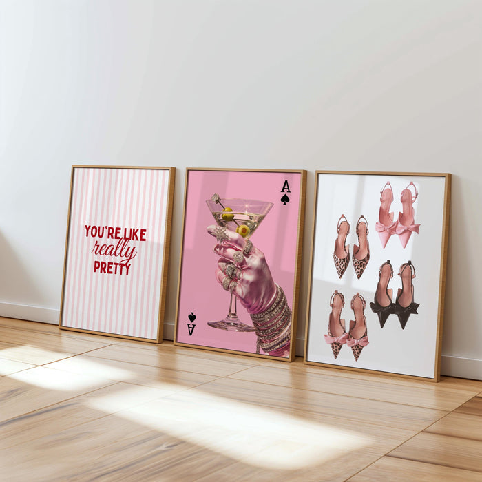 Coquette Pink Wall Art Set of 6, You’re Like Really Pretty Quote Poster, Girly Bedroom Gallery Wall Prints, Aesthetic Fashion Girls Room