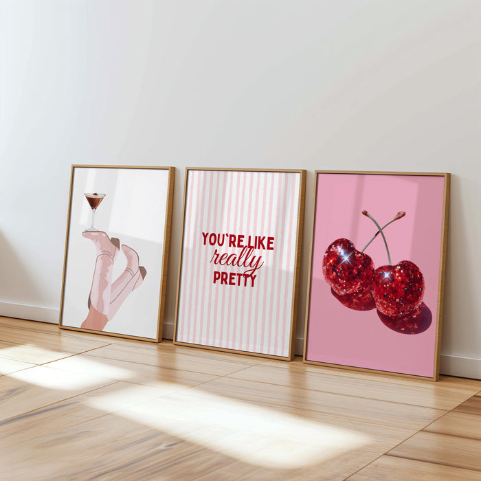Coquette Pink Wall Art Set of 6, You’re Like Really Pretty Quote Poster, Girly Bedroom Gallery Wall Prints, Aesthetic Fashion Girls Room