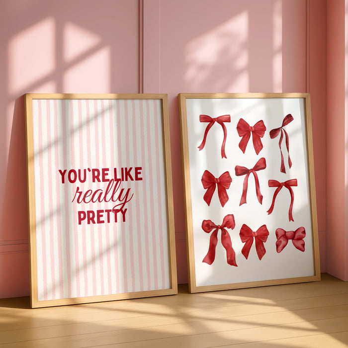 Coquette Pink Wall Art Set of 6, You’re Like Really Pretty Quote Poster, Girly Bedroom Gallery Wall Prints, Aesthetic Fashion Girls Room