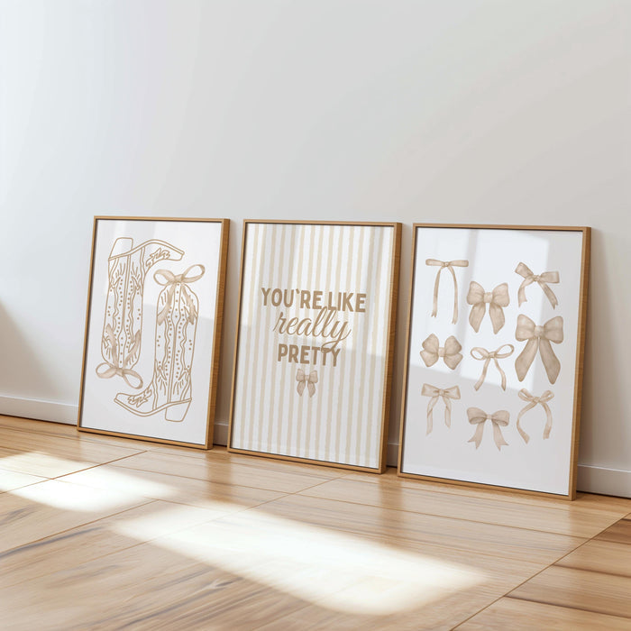 Coquette Wall Art Set of 3 Printable, You’re Like Really Pretty Quote, Neutral Girly Decor, Bow Art Posters for Bedroom, Dorm Room Prints