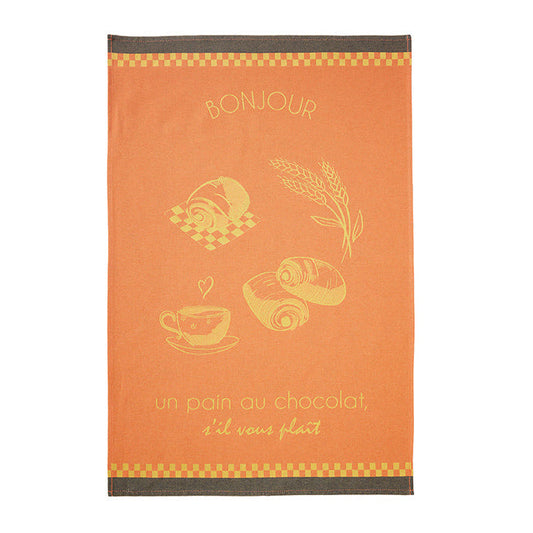 Orange towel with yellow graphics and text on a white background
