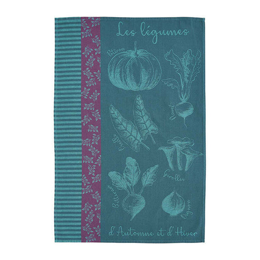 Teal towel with vegetable illustrations and a purple stripe on a white background