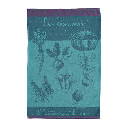 Teal towel with vegetable illustrations and text on a white background