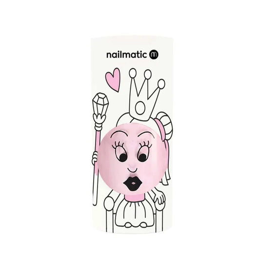Nail art design sheet with cartoon character holding a heart and a broom, branded 'nailmatic'.