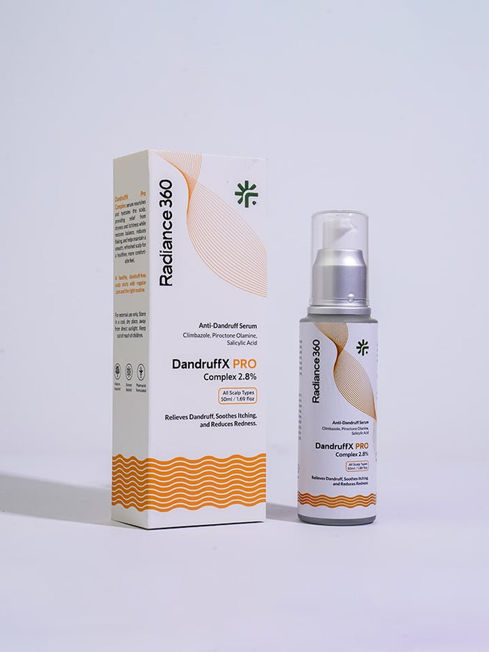Radiance 360 DandruffFX PRO serum and packaging on a light gray background
