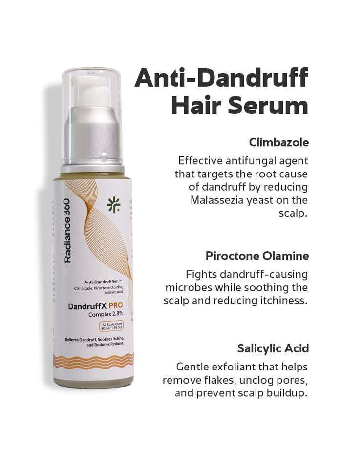 Anti-dandruff hair serum bottle with text detailing its ingredients and benefits on a white background