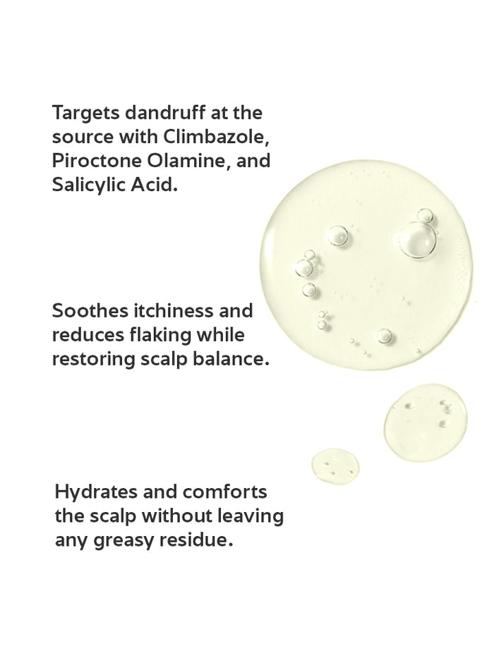 Product packaging with text about dandruff treatment ingredients and benefits on a white background.