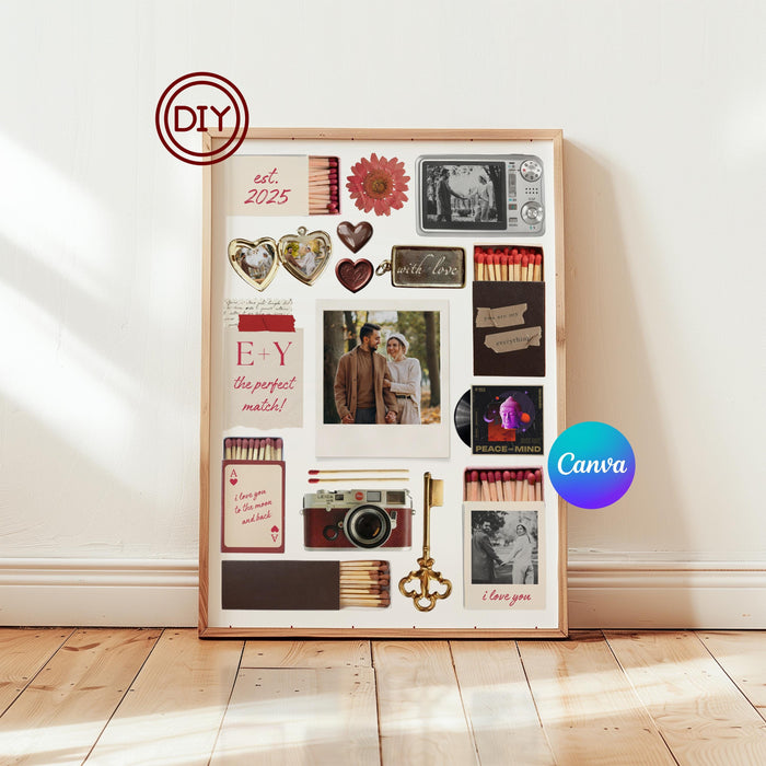 Editable Canva Template Matchbox Poster, Personalized Photo Collage Wall Art, Custom Anniversary Gift for Couples Wedding Engagement DIGITAL