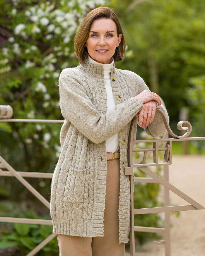 Elsie Longline Pure Shetland Wool Cable Cardigan - Oatmeal - Country Collection