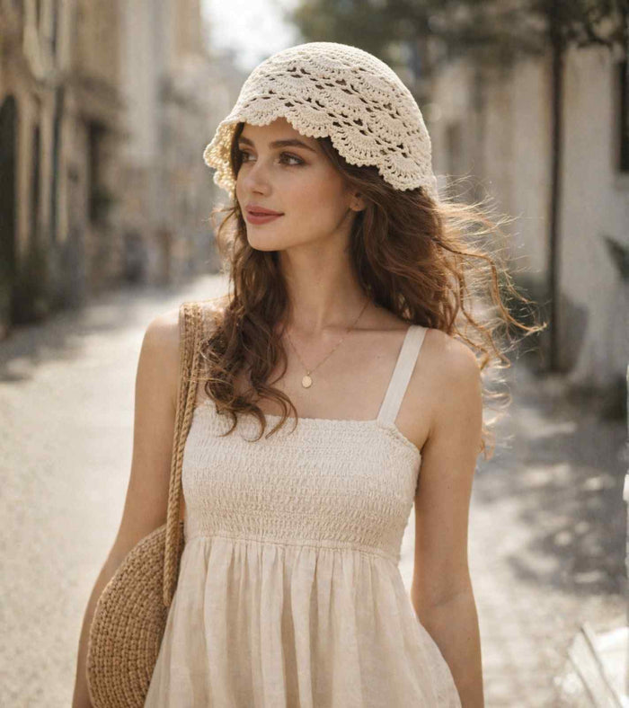 Ivory crochet lace cap with openwork floral design, paired with a sleeveless dress.
