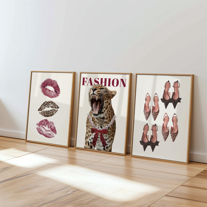 Fashion Leopard Wall Art Set, Red Lips Print, Leopard Shoes Poster, Fashionista Wall Decor, Chic Girly Gallery Wall, Fashion Lover Gift