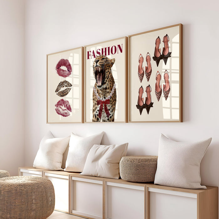 Fashion Leopard Wall Art Set, Red Lips Print, Leopard Shoes Poster, Fashionista Wall Decor, Chic Girly Gallery Wall, Fashion Lover Gift