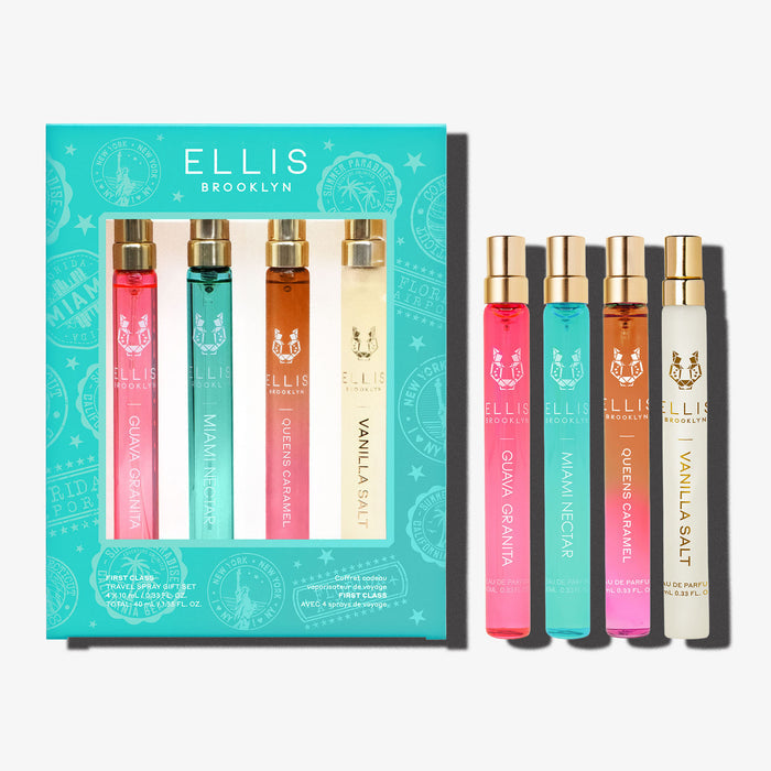 FIRST CLASS Gift Set containing GUAVA GRANITA Eau de Parfum 10ml, MIAMI NECTAR Eau de Parfum 10ml, QUEENS CARAMEL Eau de Parfum 10ml, and VANILLA SALT Eau de Parfum 10ml on a white background