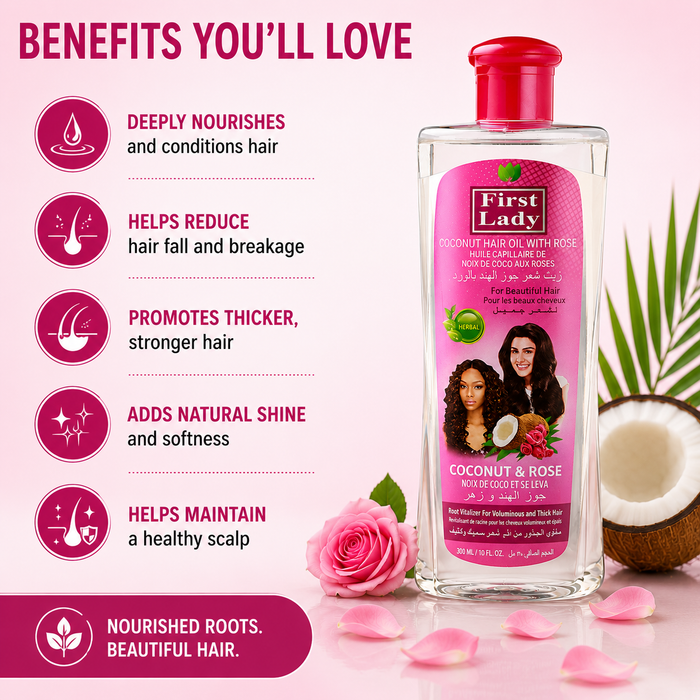First Lady Coconut & Rose Hair Oil 300ml with Vitamin E | Deep Hair Nourishment, Shine & Scalp Care | Suitable for All Hair Types