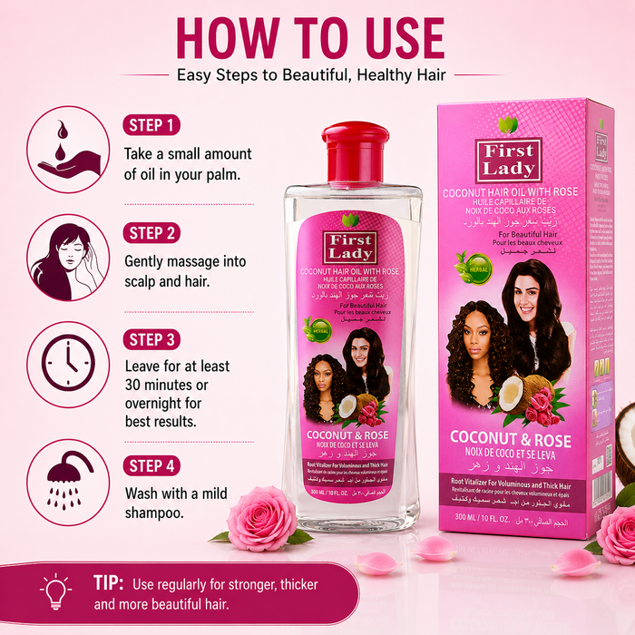 First Lady Coconut & Rose Hair Oil 300ml with Vitamin E | Deep Hair Nourishment, Shine & Scalp Care | Suitable for All Hair Types