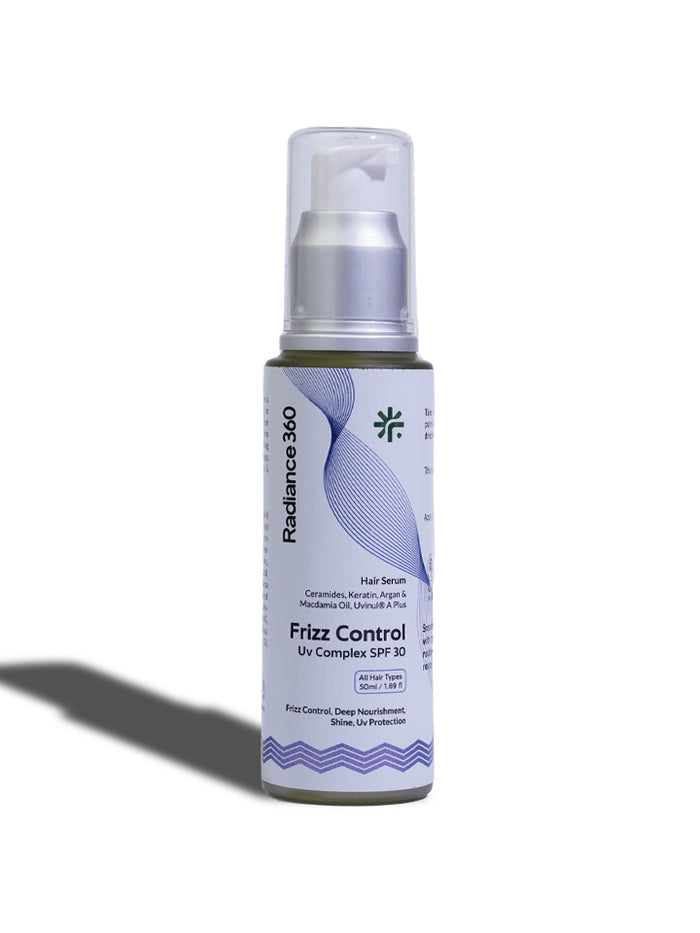 Bottle of Radiance 360 Frizz Control UV Complex SPF 30 on a white background
