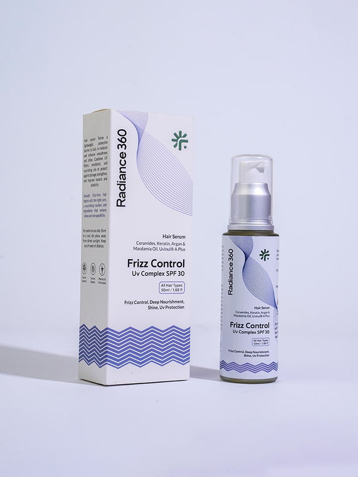 Radiance 360 Frizz Control product packaging and bottle on a light purple background