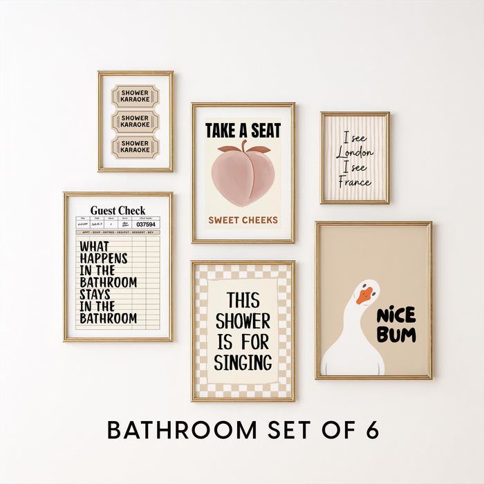 Funny Bathroom Wall Art Set of 6, Beige Retro Peach Sweet Cheeks Prints, Guest Check Quote Decor, Funny Goose Nice Bum Printable Art DIGITAL
