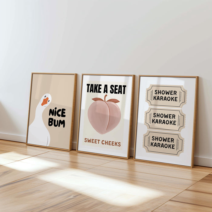 Funny Bathroom Wall Art Set of 6, Beige Retro Peach Sweet Cheeks Prints, Guest Check Quote Decor, Funny Goose Nice Bum Printable Art DIGITAL
