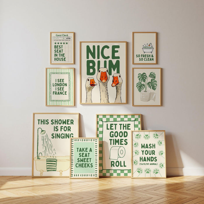 Funny Bathroom Wall Art Set, Goose Bathroom Decor, Green Bathroom Prints, Farmhouse Bathroom Wall Decor, Humorous Toilet Wall Art Set