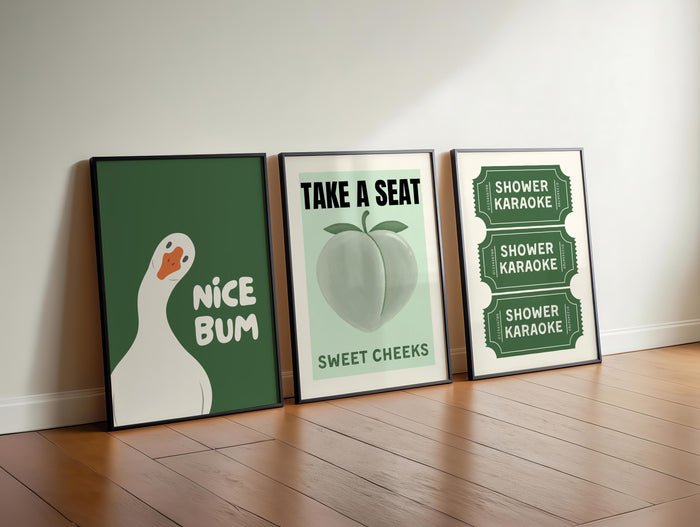 Funny Bathroom Wall Art Set of 3, Nice Bum Goose Print, Take a Seat Peach Poster, Shower Karaoke Tickets, Quirky Toilet Decor, DIGITAL