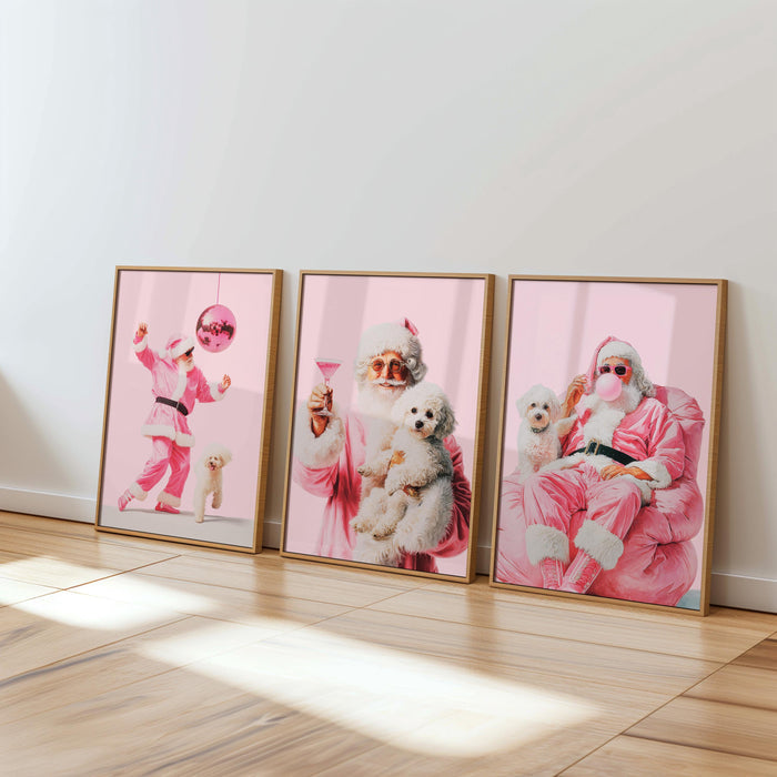 Funny Pink Santa Wall Art Set of 3, Cool Christmas Posters, Trendy Holiday Decor, Cute Dog Santa Print, Dorm Room Christmas Bundle DIGITAL