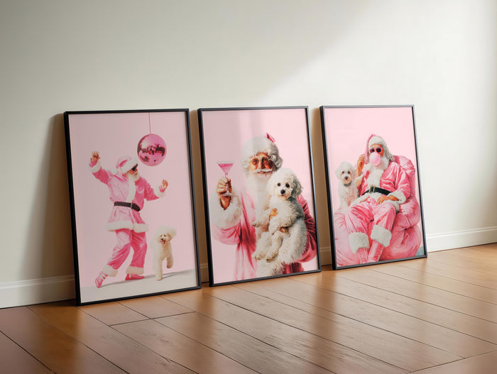 Funny Pink Santa Wall Art Set of 3, Cool Christmas Posters, Trendy Holiday Decor, Cute Dog Santa Print, Dorm Room Christmas Bundle DIGITAL