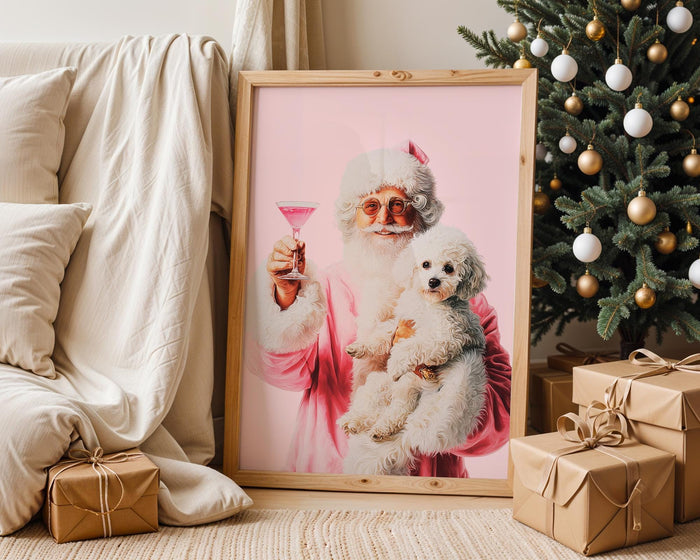 Funny Pink Santa Wall Art Set of 3, Cool Christmas Posters, Trendy Holiday Decor, Cute Dog Santa Print, Dorm Room Christmas Bundle DIGITAL