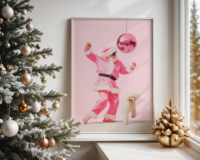 Funny Pink Santa Wall Art Set of 3, Cool Christmas Posters, Trendy Holiday Decor, Cute Dog Santa Print, Dorm Room Christmas Bundle DIGITAL